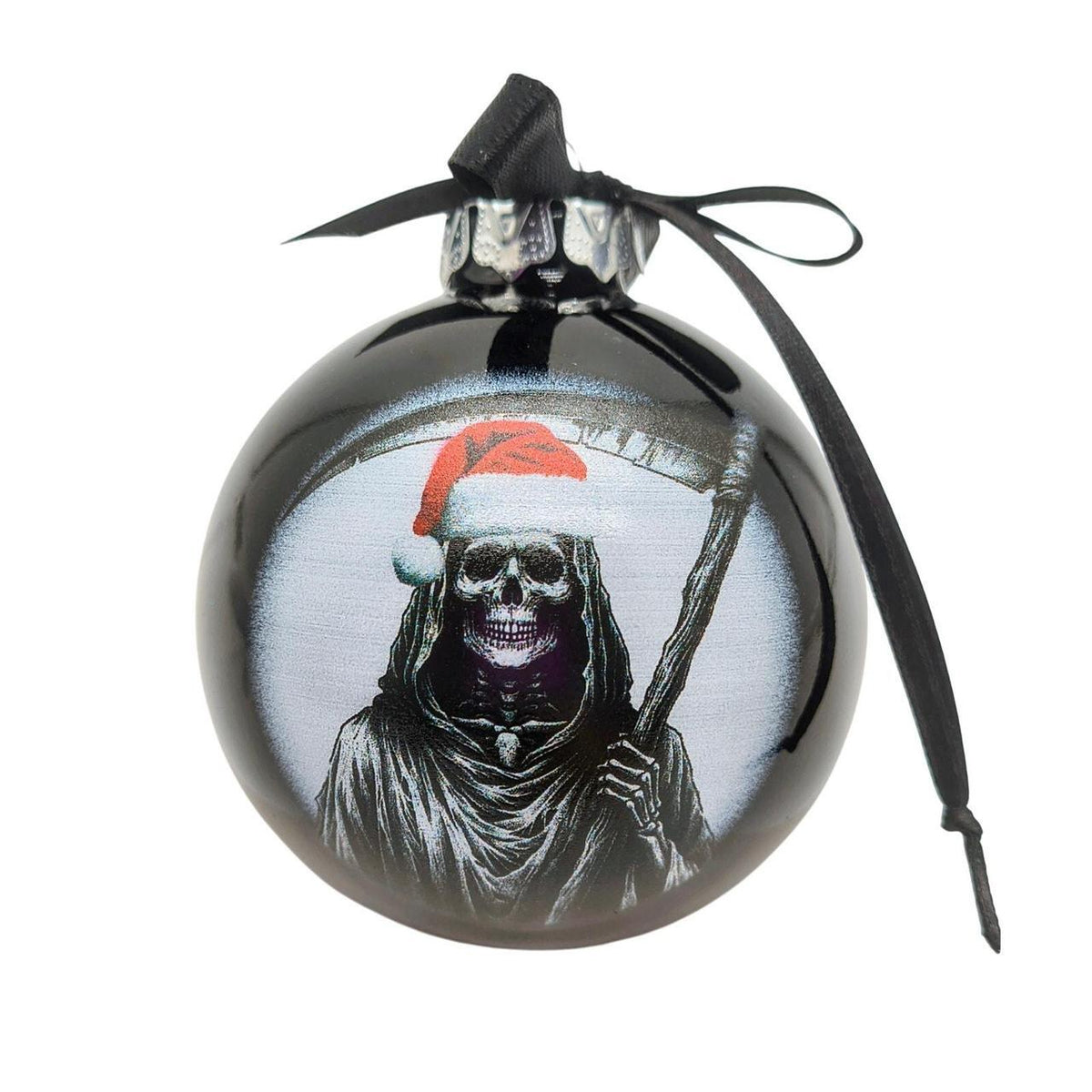 Unbranded Black Glass Christmas Ornament with Grim Reaper in Santa Hat, 3" x 3" - Danisak