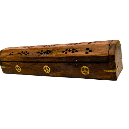 11-Inch Coffin-Shaped Wooden Incense Burner with Peace Sign Inlay - Brown and  G - Danisak