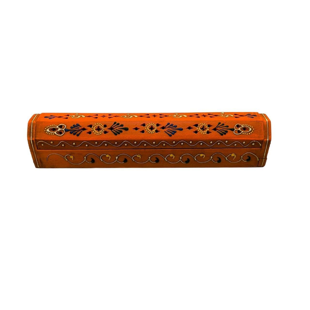 Hand-Painted Orange Sheesham Wood Incense Box with Decorative Jali Cover - 12-In - Danisak