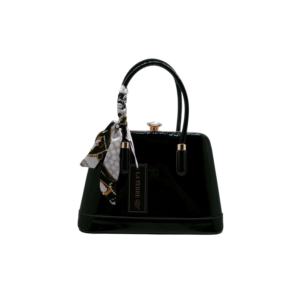 La Terre Black Patent Leather Shell Handbag with Twilly Scarf