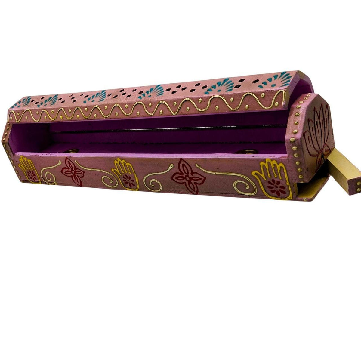 Hand-Painted Pink Sheesham Wood Incense Coffin Box Burner for Home Decor - Danisak