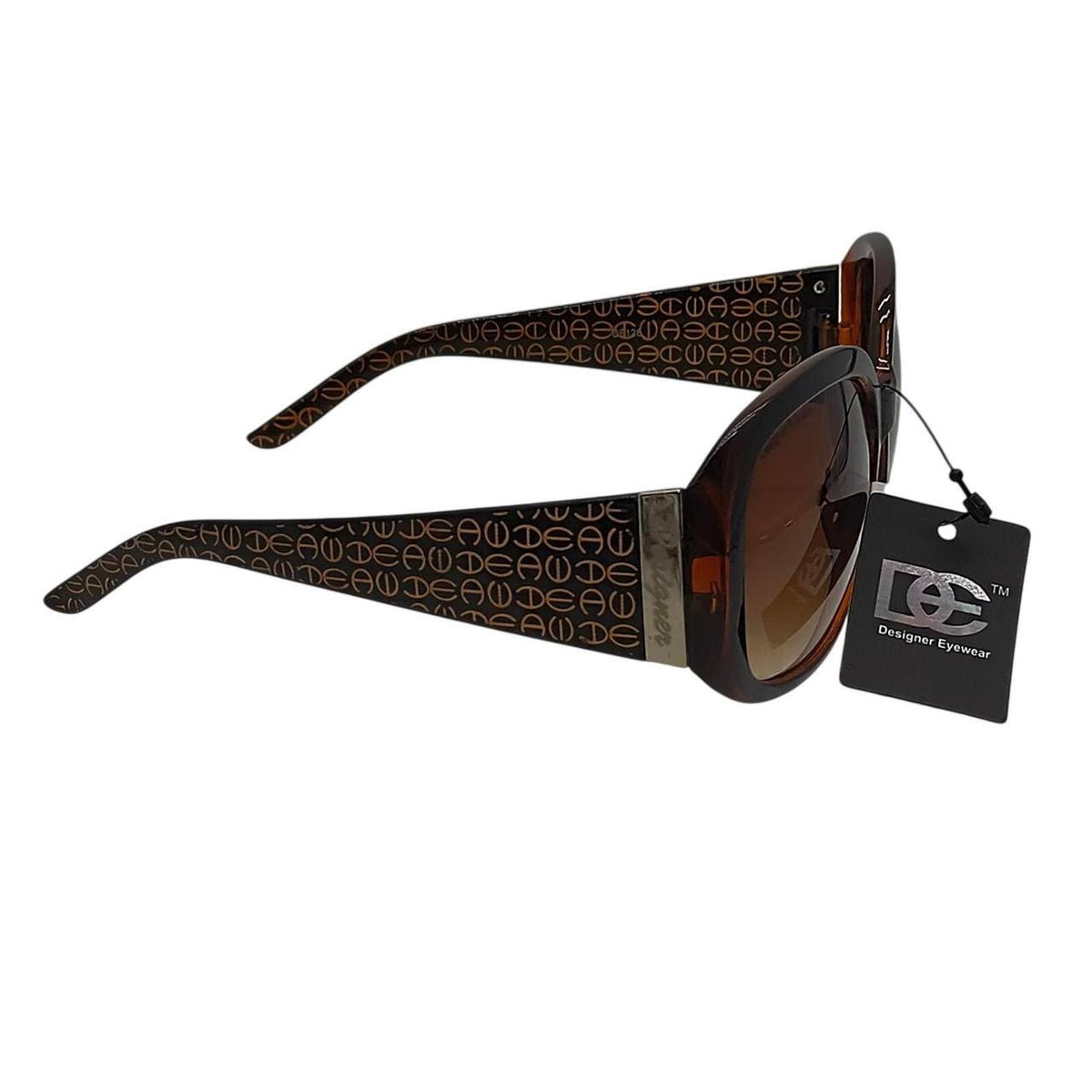 .  Brown and black sunglasses with repeating 'DEA' logo pattern on the arms - Danisak