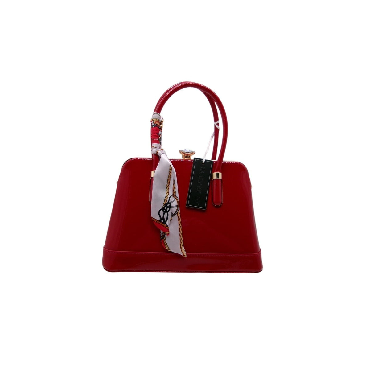La Terre Red Patent Leather Shell Handbag with Decorative Twilly