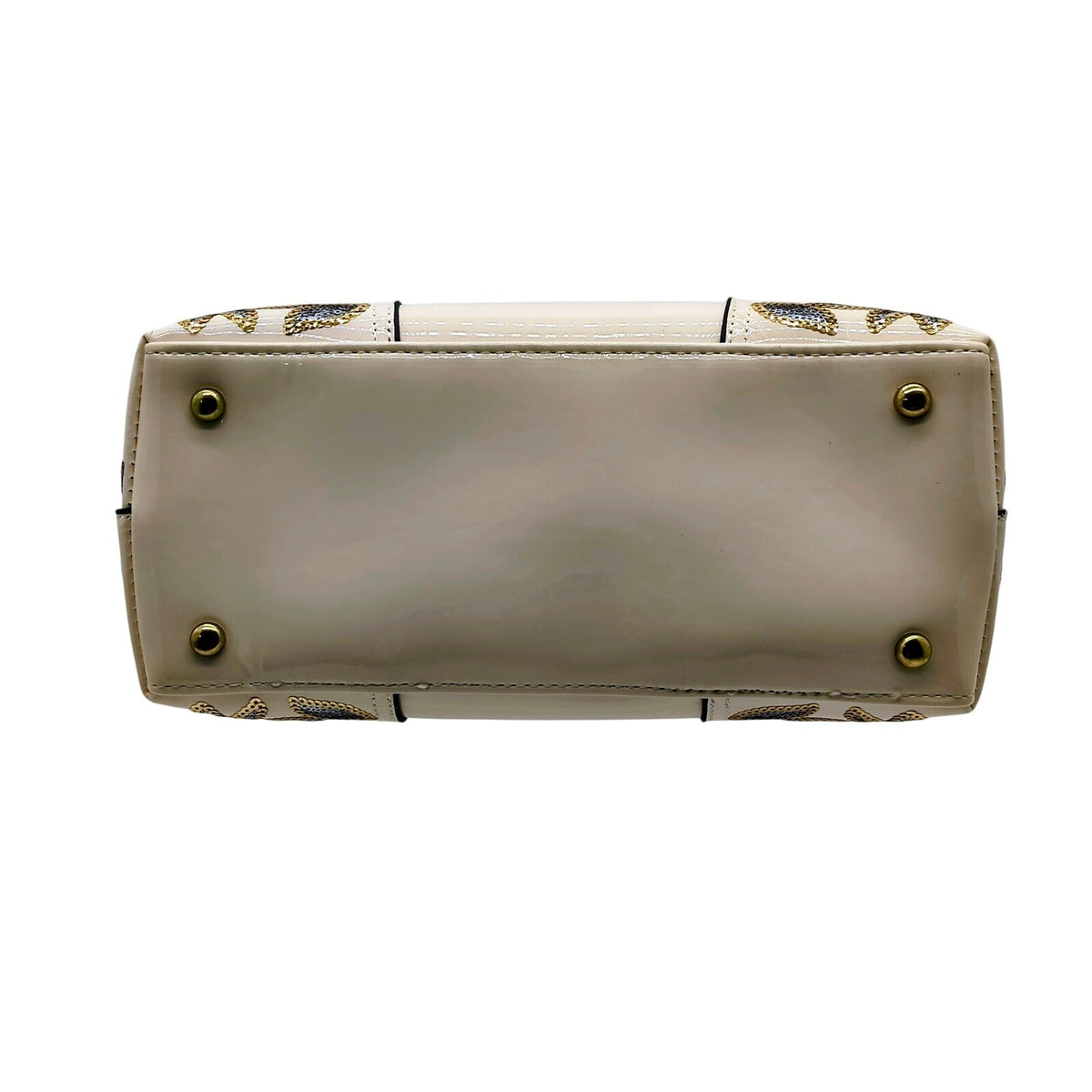 Beige Embellished Floral Satchel Handbag with Shoulder Strap