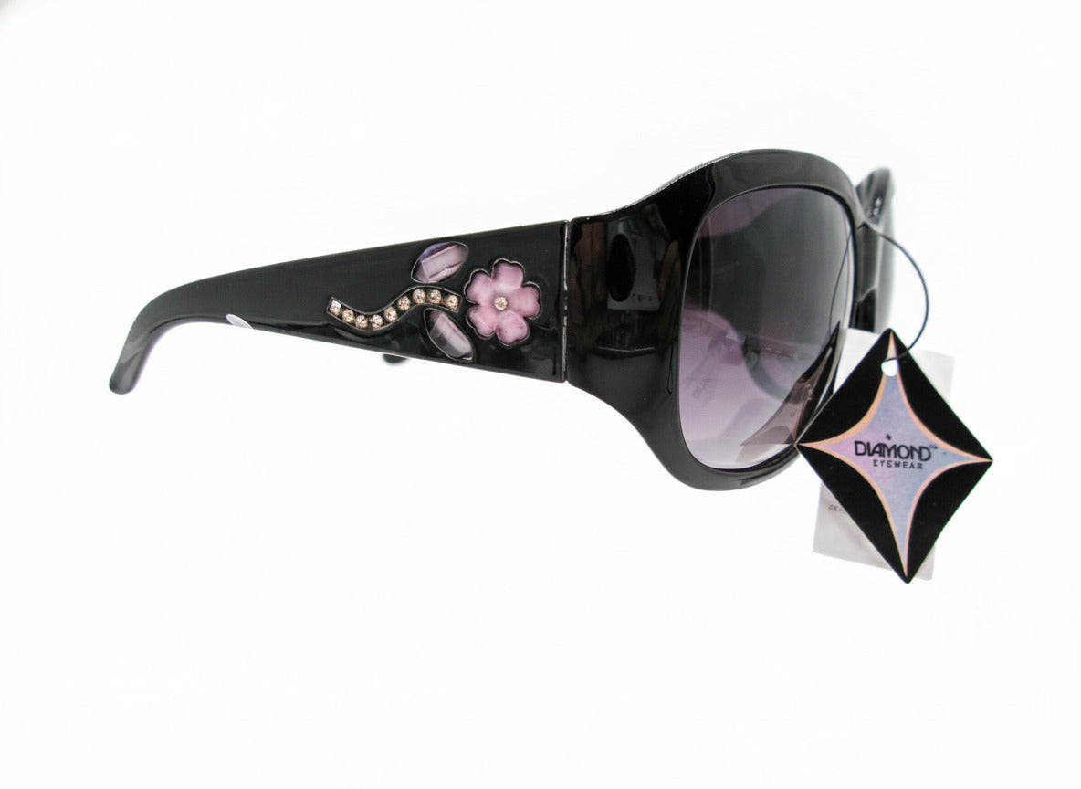 702 Diamond Eyewear Women's Black Sunglasses with Pink Floral Embellishments - Danisak