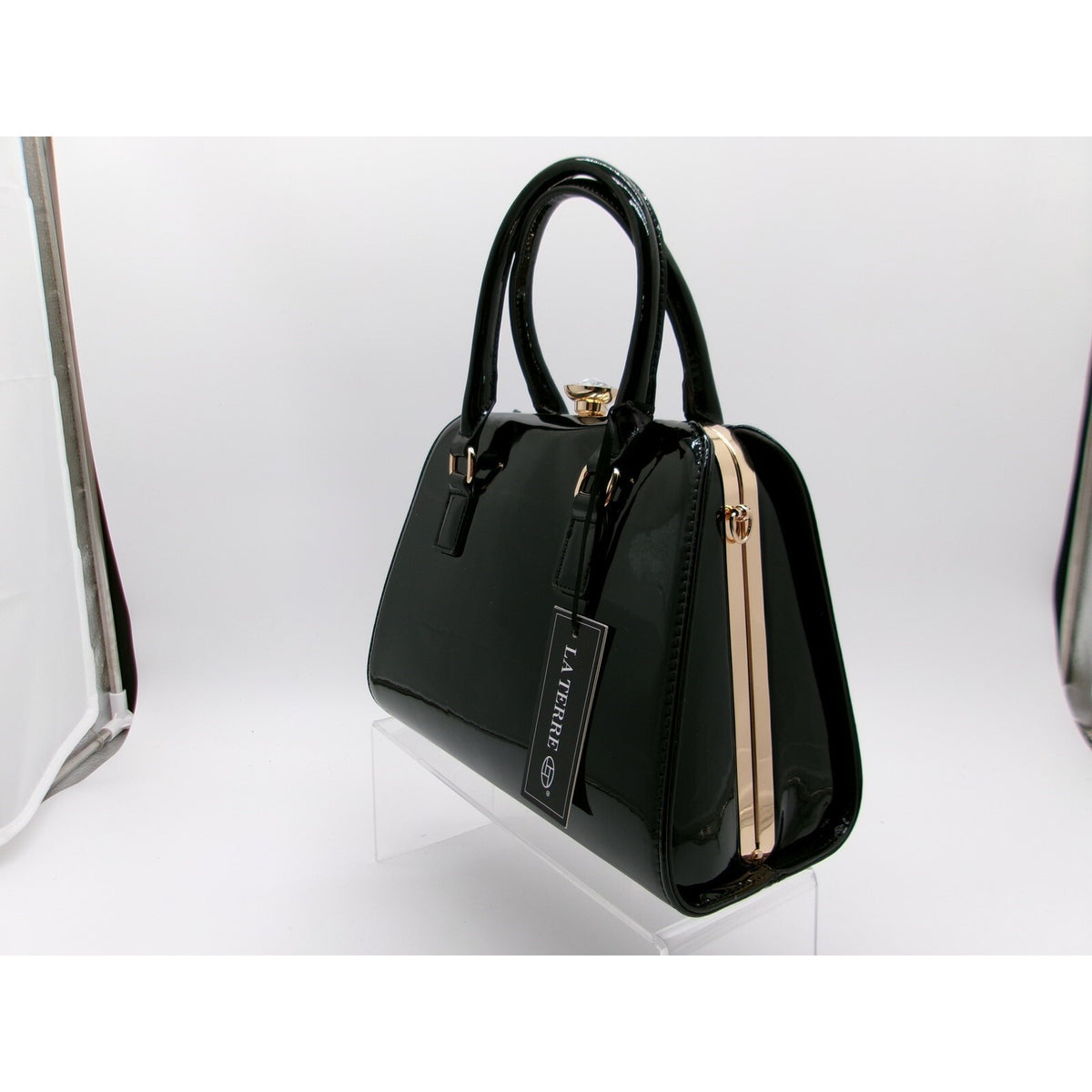 La Terre Glossy Black Structured Top Handle Bag with Detachable Shoulder Strap