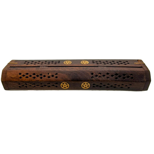 Hand-Carved Wooden Pentagram Incense Burner Box for Sticks and Cones, Brown - Danisak