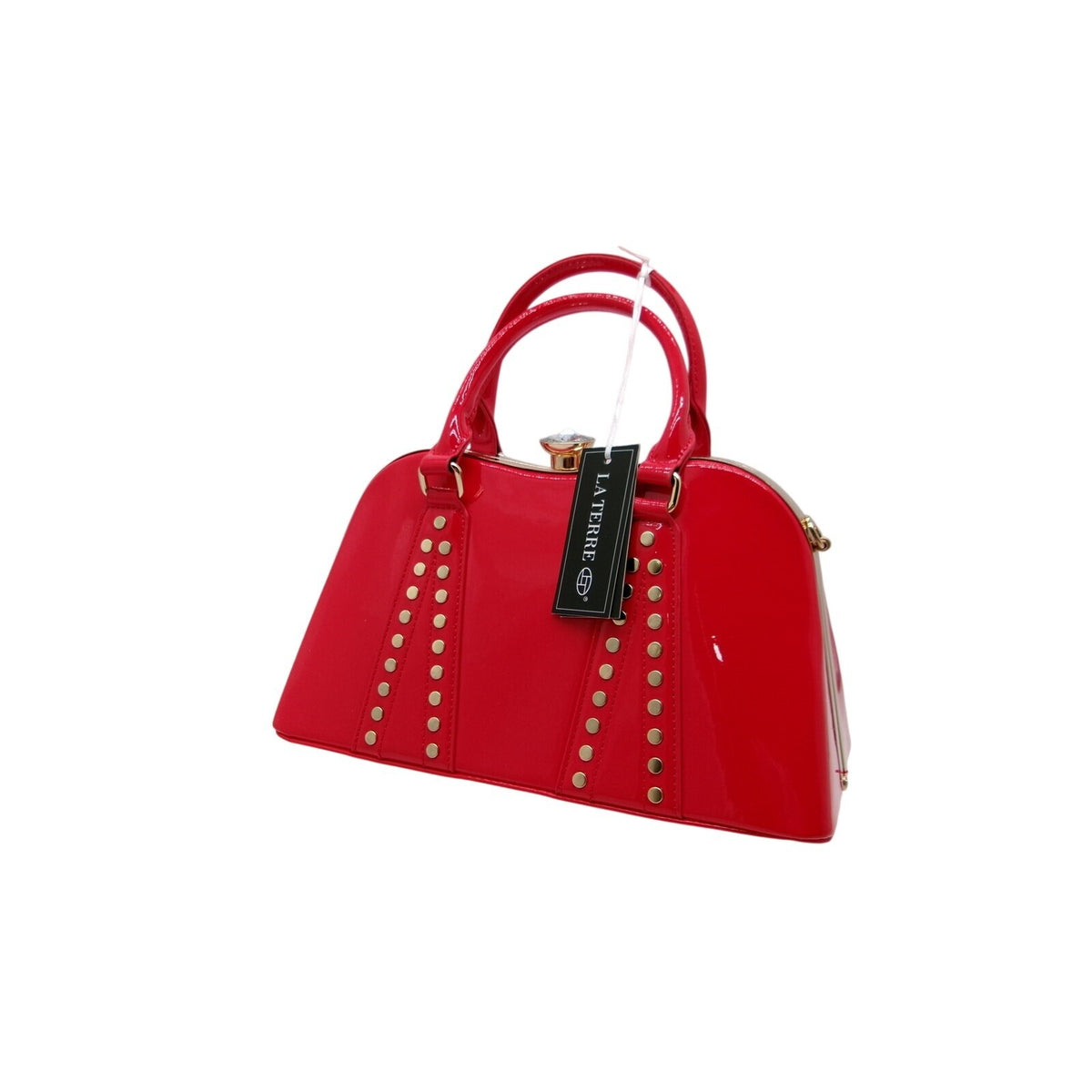 La Terre Red Patent Leather Rhinestone Top Handle Handbag