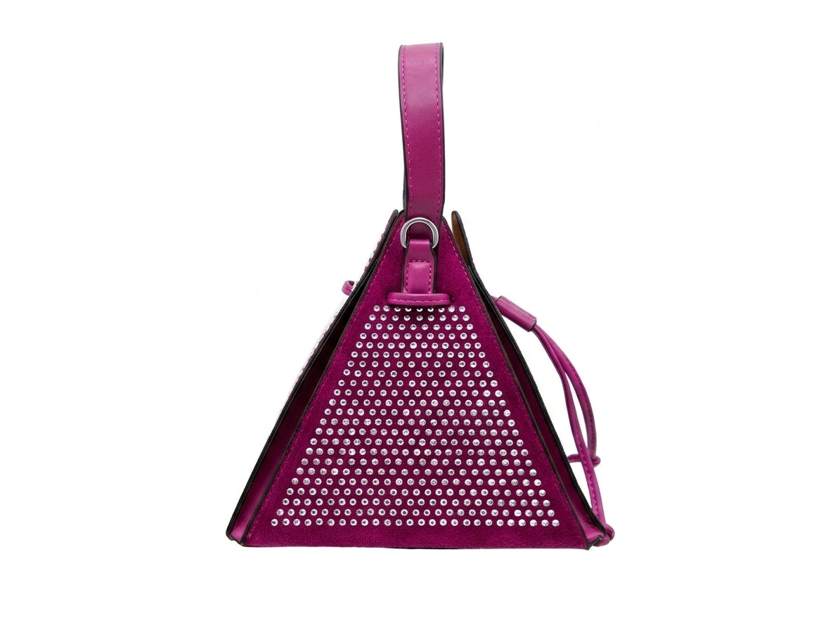 Fuchsia Studded Triangle Bucket Bag with Shoulder and Crossbody Straps