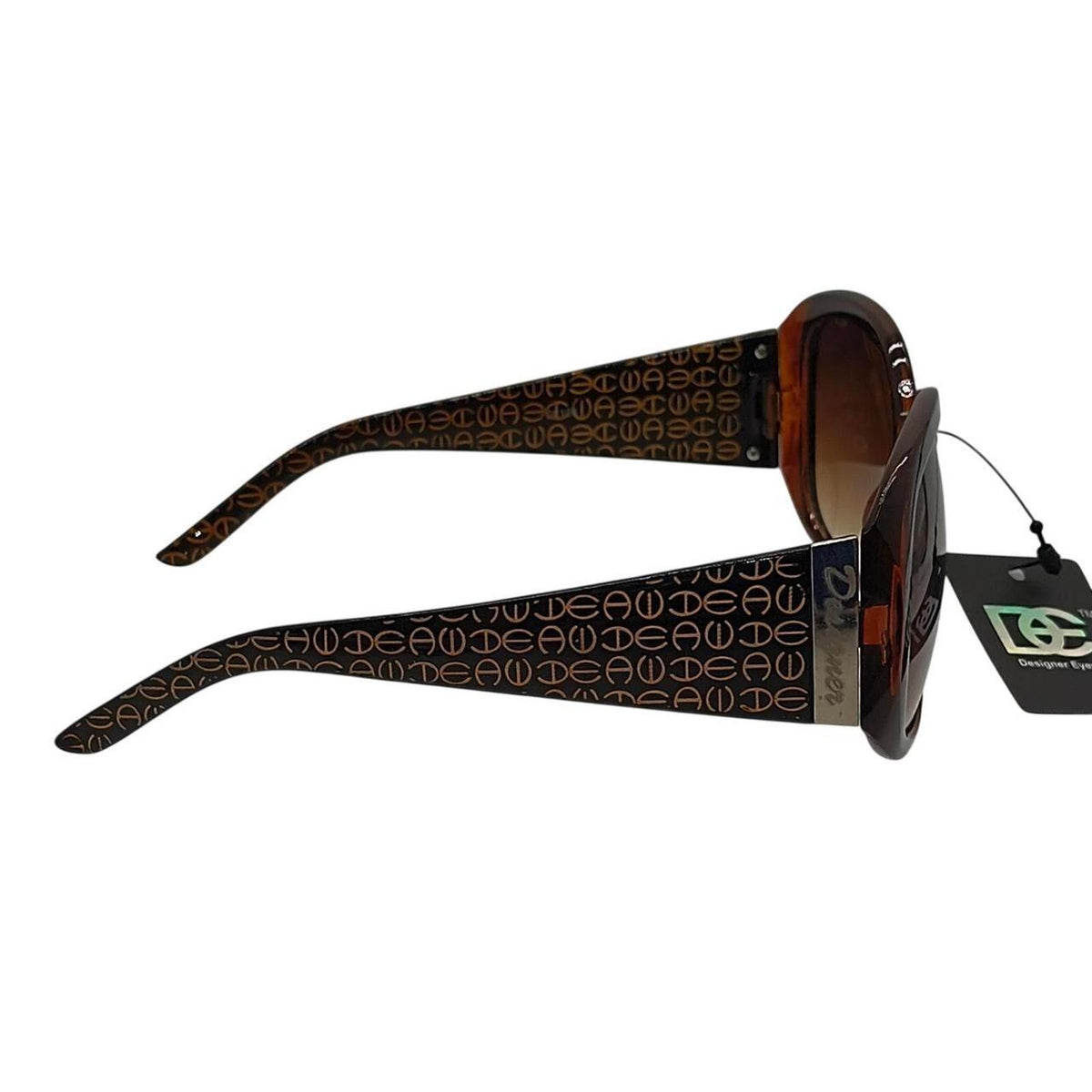 .  Brown and black sunglasses with repeating 'DEA' logo pattern on the arms - Danisak