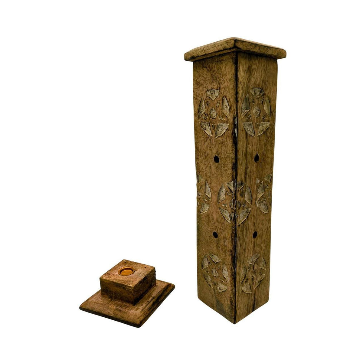 Hand-Carved Wooden Incense Burner Tower with Intricate Design - 11 Inch Brown - Danisak