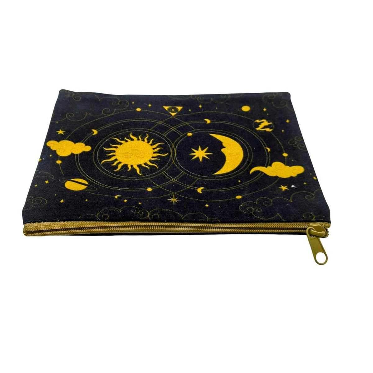 The Celestial Black and Gold Cosmetic Pouch with Sun and Moon Design, 8.5x6 inch - Danisak