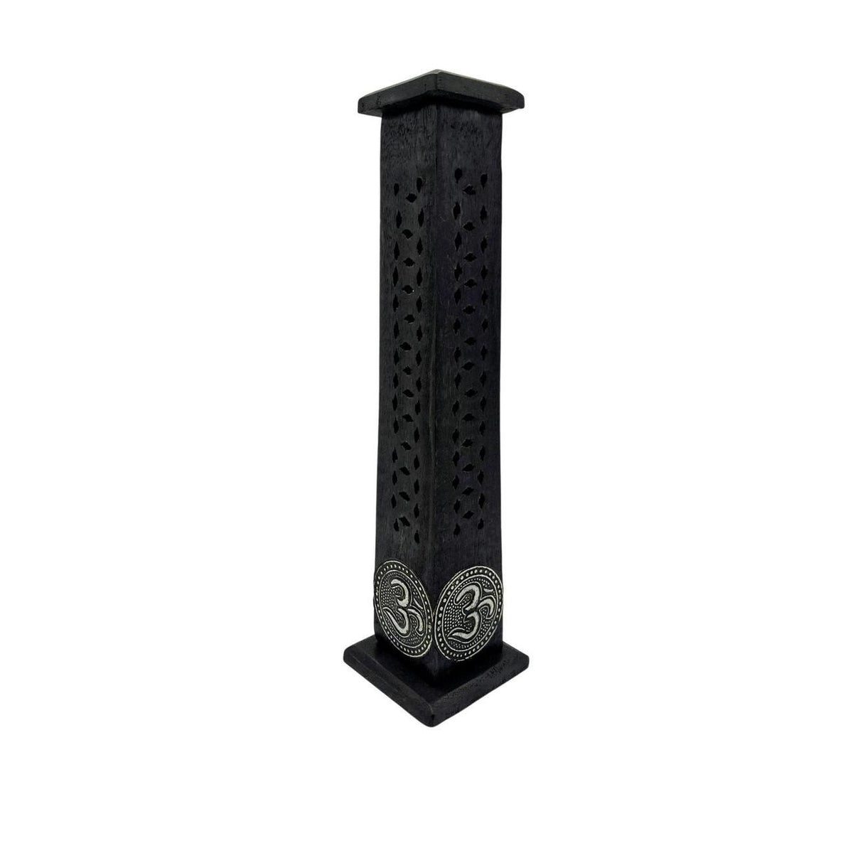 Hand-Carved Black OM Incense Tower with Silver Detailing – 11 Inch Aromatherapy, - Danisak
