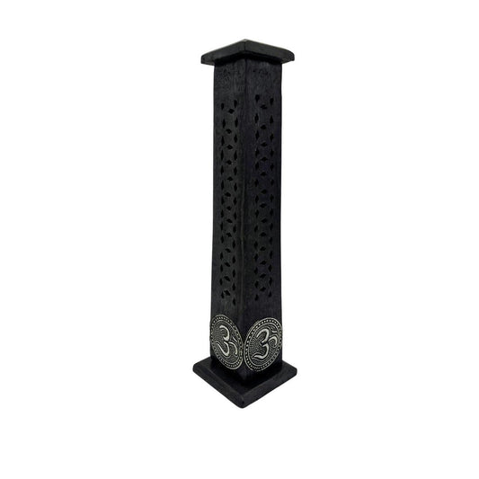 Hand-Carved Black OM Incense Tower with Silver Detailing – 11 Inch Aromatherapy, - Danisak
