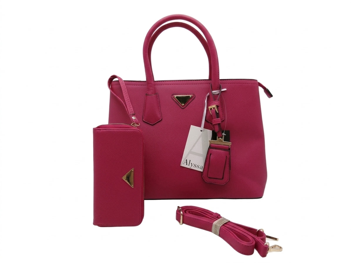Magenta Structured Top Handle Tote Bag Set with Wallet and Shoulder Strap