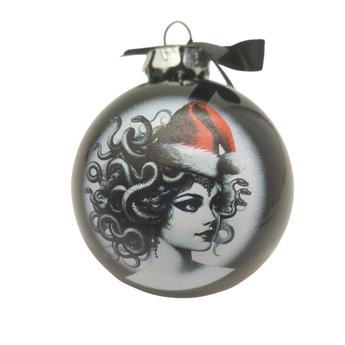 Unbranded Black Glass Christmas Ornament with Artistic Medusa Design and Red Hat - Danisak