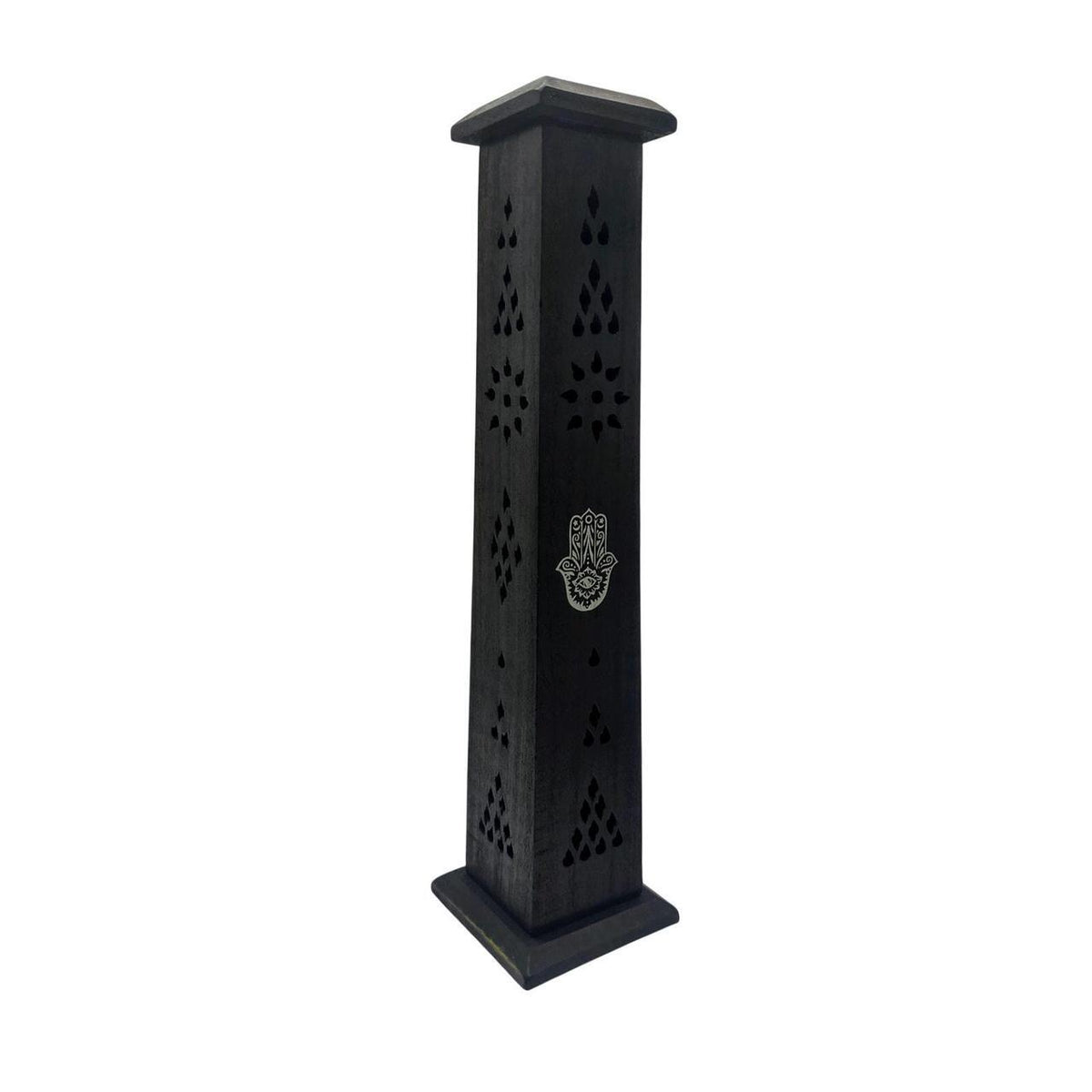Hand-Carved Black Wood Incense Burner Tower with Hamsa Hand Inlay - Fits Stick & - Danisak