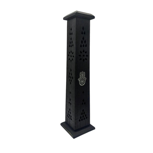 Hand-Carved Black Wood Incense Burner Tower with Hamsa Hand Inlay - Fits Stick & - Danisak