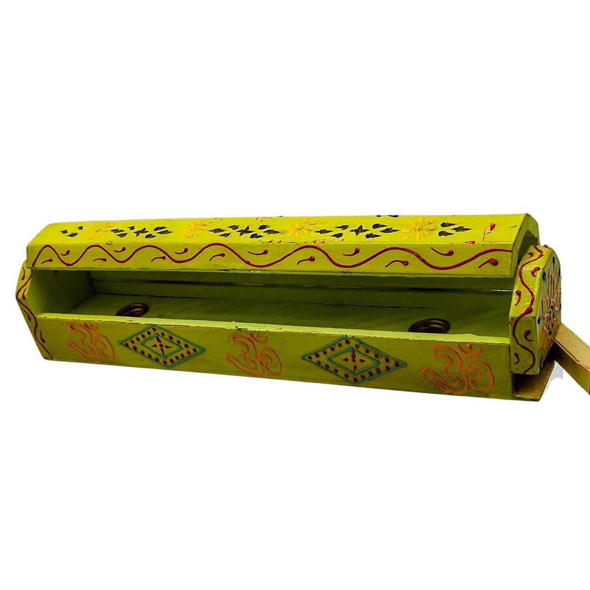 Hand-Painted Yellow Sheesham Wood Incense Box with Decorative Jali Cover - 12-In - Danisak