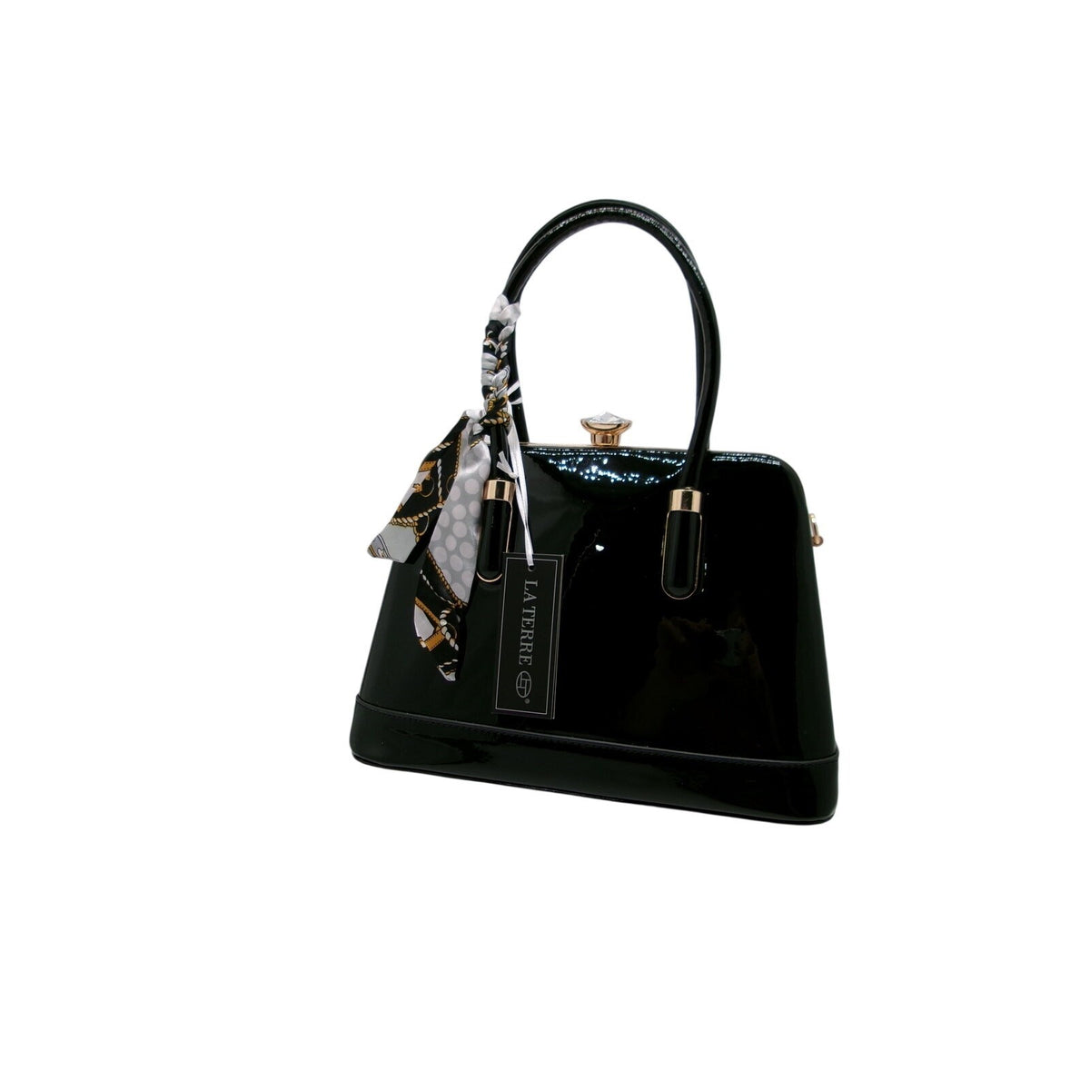 La Terre Black Patent Leather Shell Handbag with Twilly Scarf