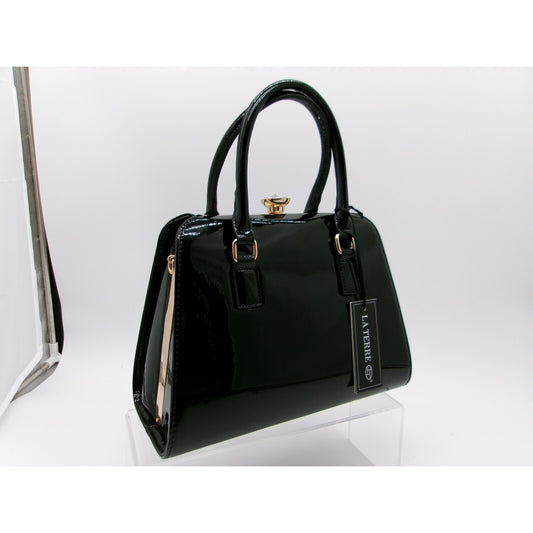 La Terre Black Patent Leather Top Handle Bag with Detachable Shoulder Strap