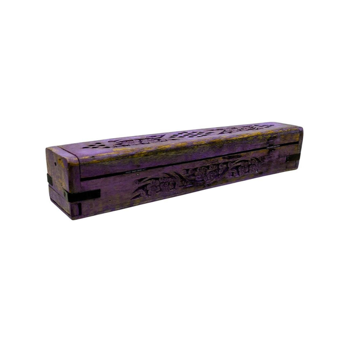 Hand-Carved Purple Floral Wooden Incense Burner Box - Indian Rosewood, 12 Inch - Danisak