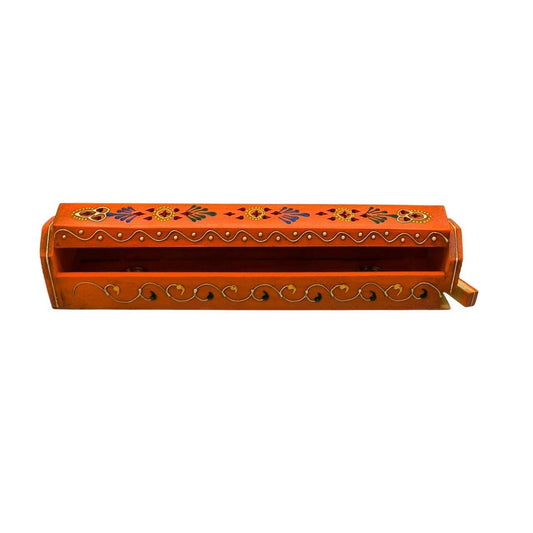 Hand-Painted Orange Sheesham Wood Incense Box with Decorative Jali Cover - 12-In - Danisak