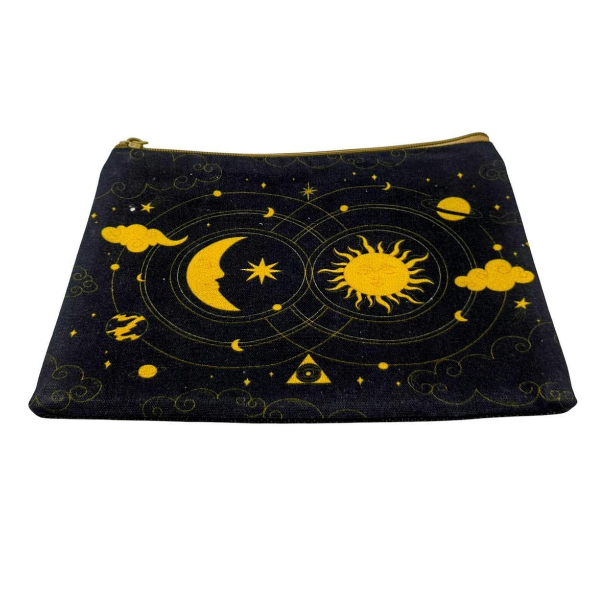 The Celestial Black and Gold Cosmetic Pouch with Sun and Moon Design, 8.5x6 inch - Danisak