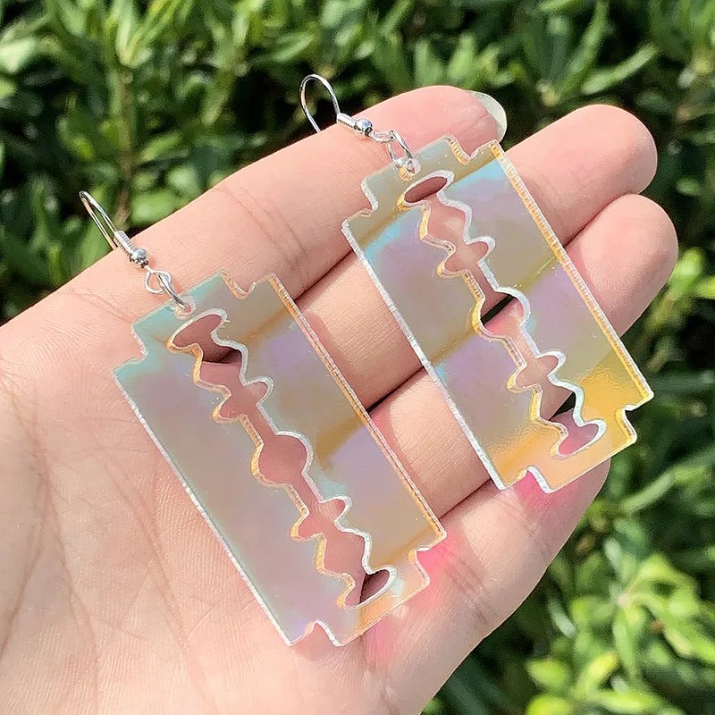 Free Shipping $7.99 Acrylic Iridescent Razor Blade Earrings, Unique Prop Goth