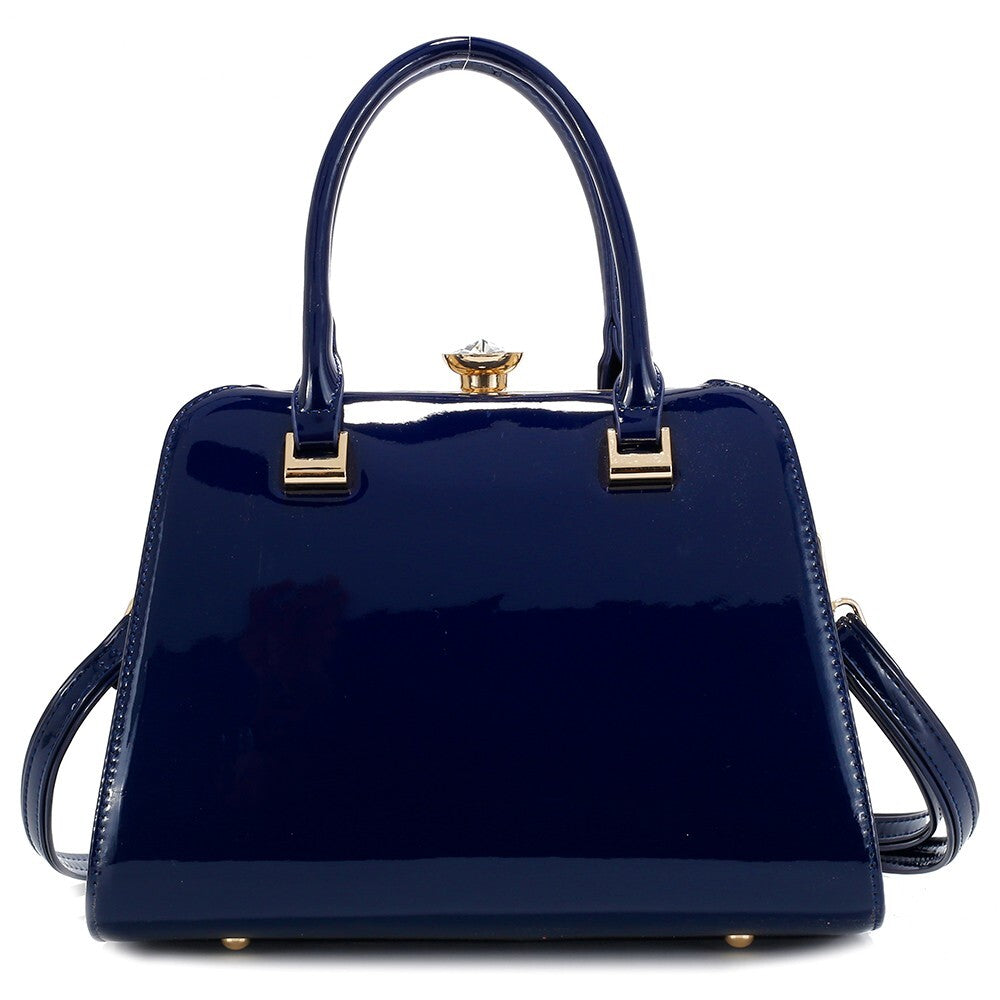NAVY Patent Top Handle Satchel with Detachable Shoulder Strap
