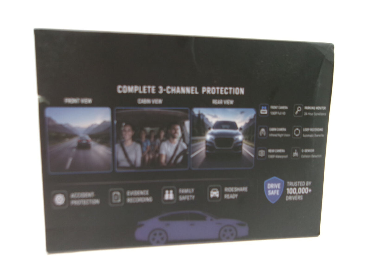 RoadGuard 3-Channel Dash Camera with Front, Cabin, and Rear Cameras - 1080P Full