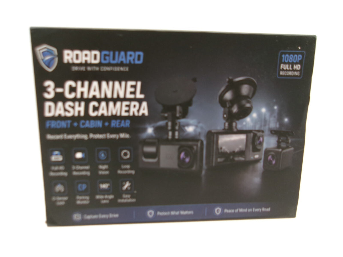 RoadGuard 3-Channel Dash Camera with Front, Cabin, and Rear Cameras - 1080P Full