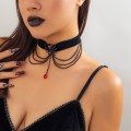 Free Shipping $8.99 " Blood Gem Colored Stone on Black Lace" Necklace Goth Punk