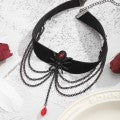 Free Shipping $8.99 " Blood Gem Colored Stone on Black Lace" Necklace Goth Punk