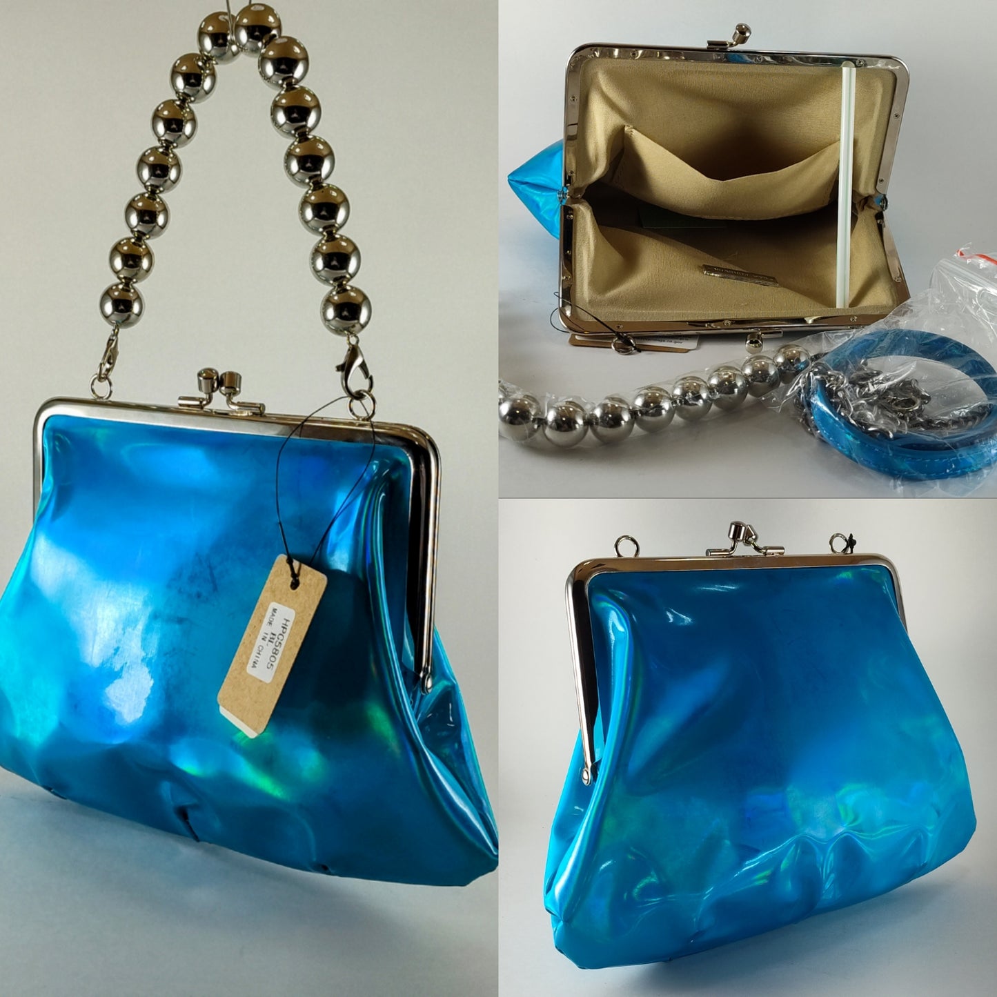 Electric Azure Mirror Bag – Metallic Ball Chain Frame Handbag P110