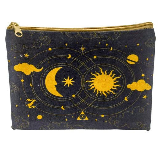 The Celestial Black and Gold Cosmetic Pouch with Sun and Moon Design, 8.5x6 inch - Danisak