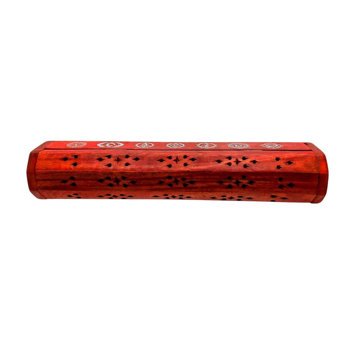 Hand Carved Red Wood Incense Box with 7 Chakra Design - Fits 11-Inch Sticks & Co - Danisak