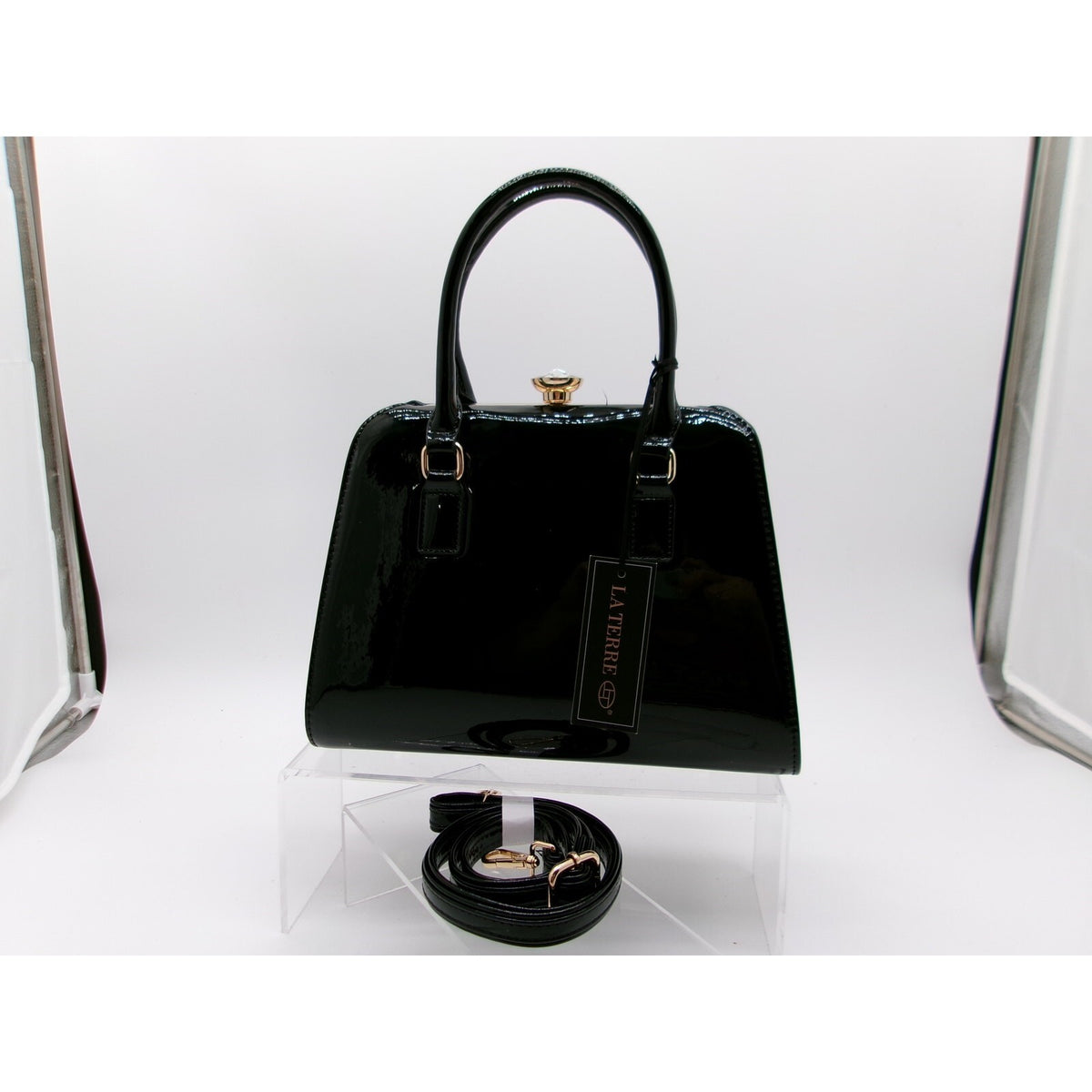 La Terre Black Patent Leather Top Handle Bag with Detachable Shoulder Strap