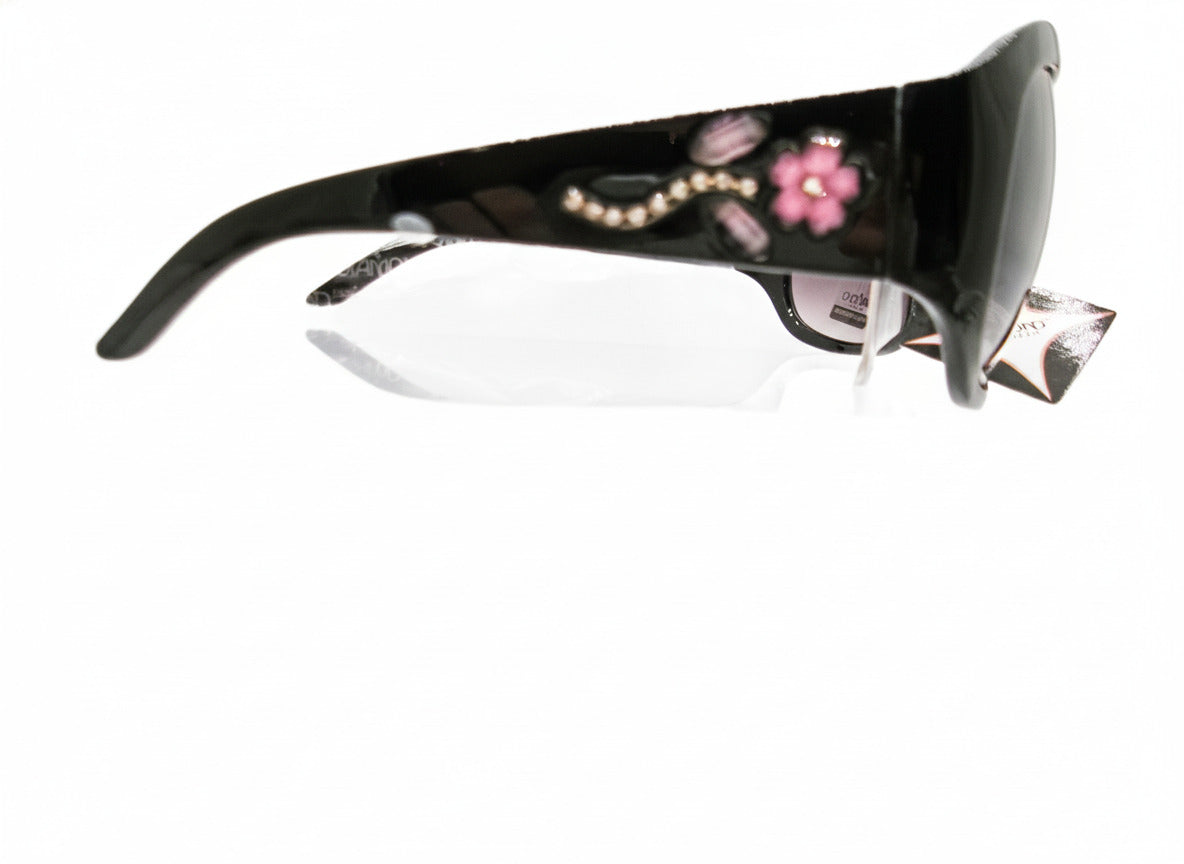 702 Diamond Eyewear Women's Black Sunglasses with Pink Floral Embellishments - Danisak