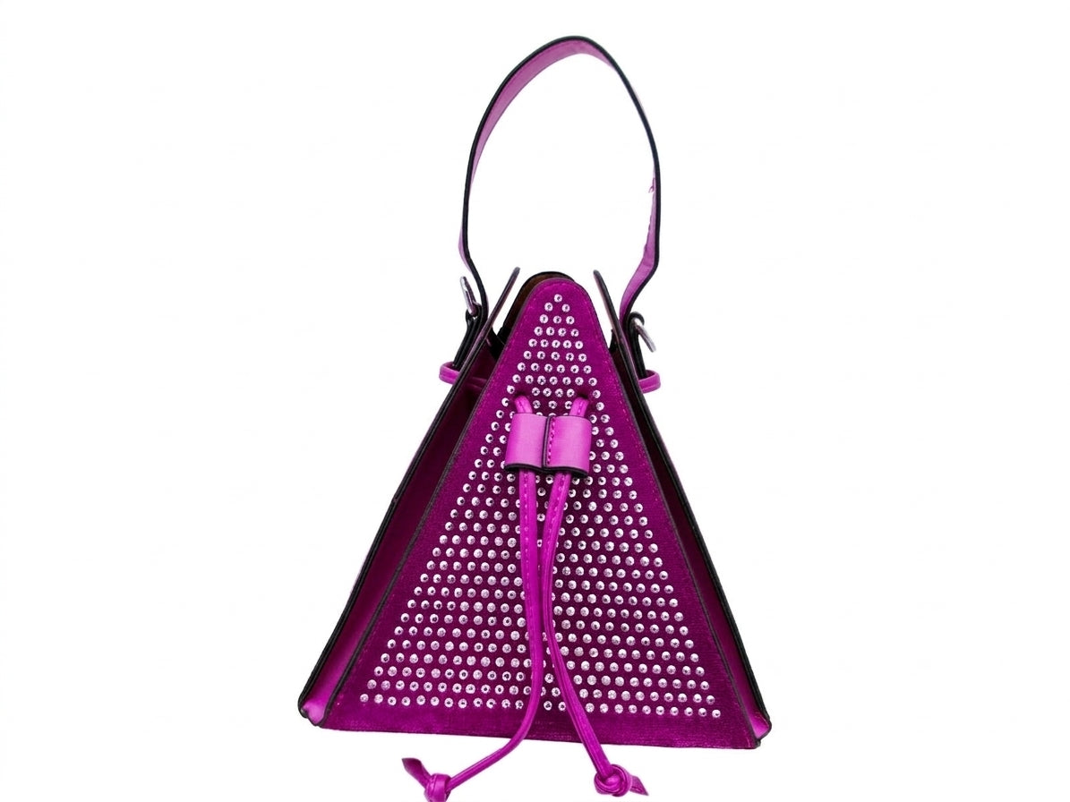 Fuchsia Studded Triangle Bucket Bag with Shoulder and Crossbody Straps