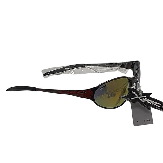 424 Xsportz sunglasses with red/black flame design , orange Vivo mirrored lens - Danisak