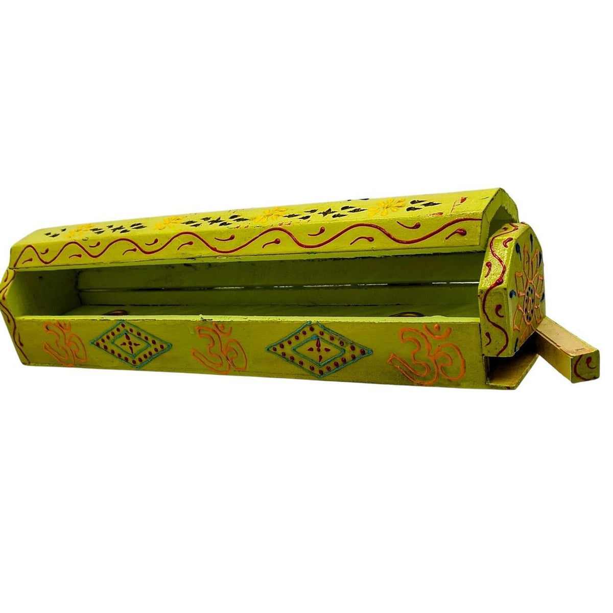 Hand-Painted Yellow Sheesham Wood Incense Box with Decorative Jali Cover - 12-In - Danisak