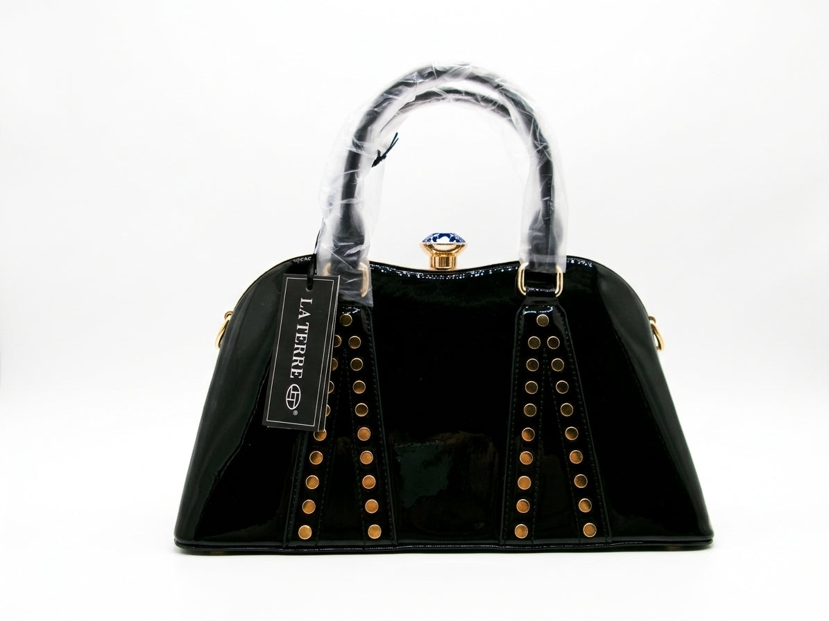LA TERRE Black Patent Top Handle Bag with Studded Trim