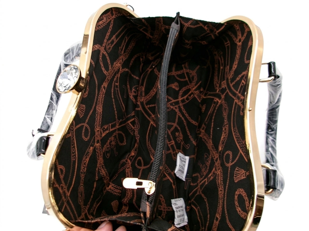 LA TERRE Black Patent Top Handle Bag with Studded Trim