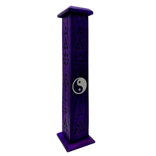 Purple Wooden Hand-Carved Incense Tower with Yin Yang Inlay - Holds Sticks and 3 - Danisak