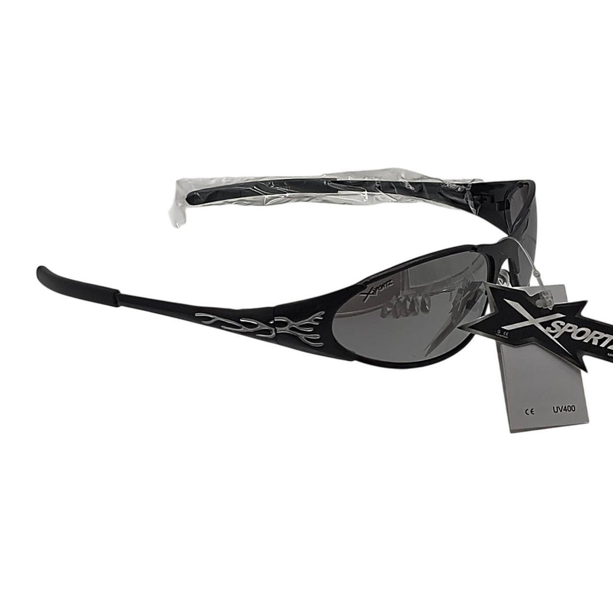 Xsport Eyewear black sunglasses with gray lenses and silver flame design - Danisak