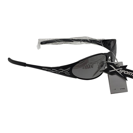Xsport Eyewear black sunglasses with gray lenses and silver flame design - Danisak