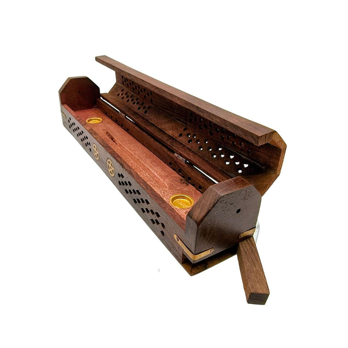 Hand-Carved Wooden Pentagram Incense Burner Box for Sticks and Cones, Brown - Danisak