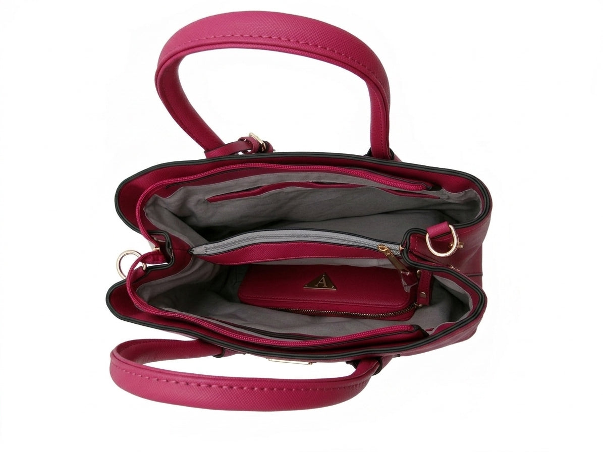 Fuchsia Structured Top Handle Satchel Bag with Wallet and Shoulder Strap