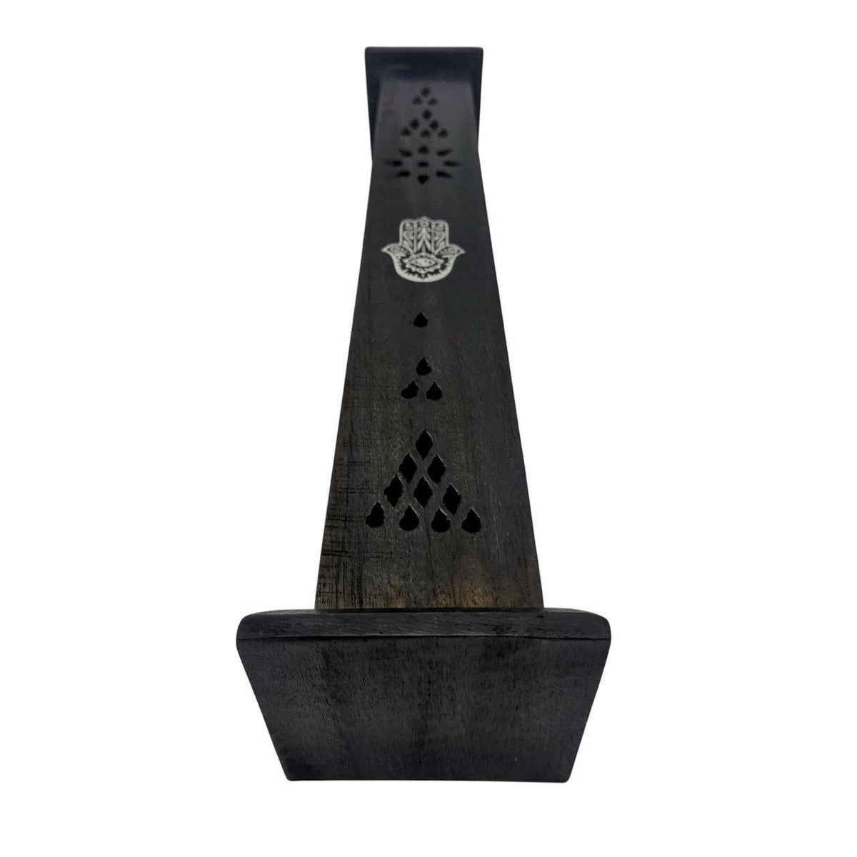 Hand-Carved Black Wood Incense Burner Tower with Hamsa Hand Inlay - Fits Stick & - Danisak